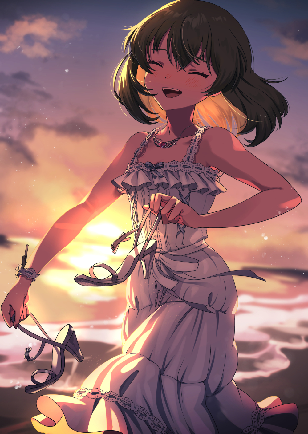1girl, brown_hair, closed_eyes, commission, day, dress, evening, happy