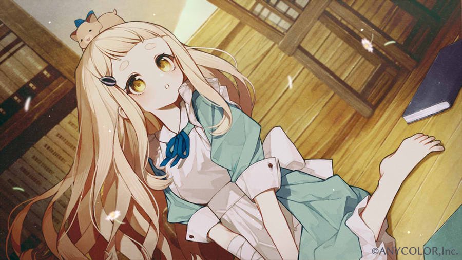 1girl, apron, barefoot, blonde_hair, blue_dress, bookshelf, cosplay, dress