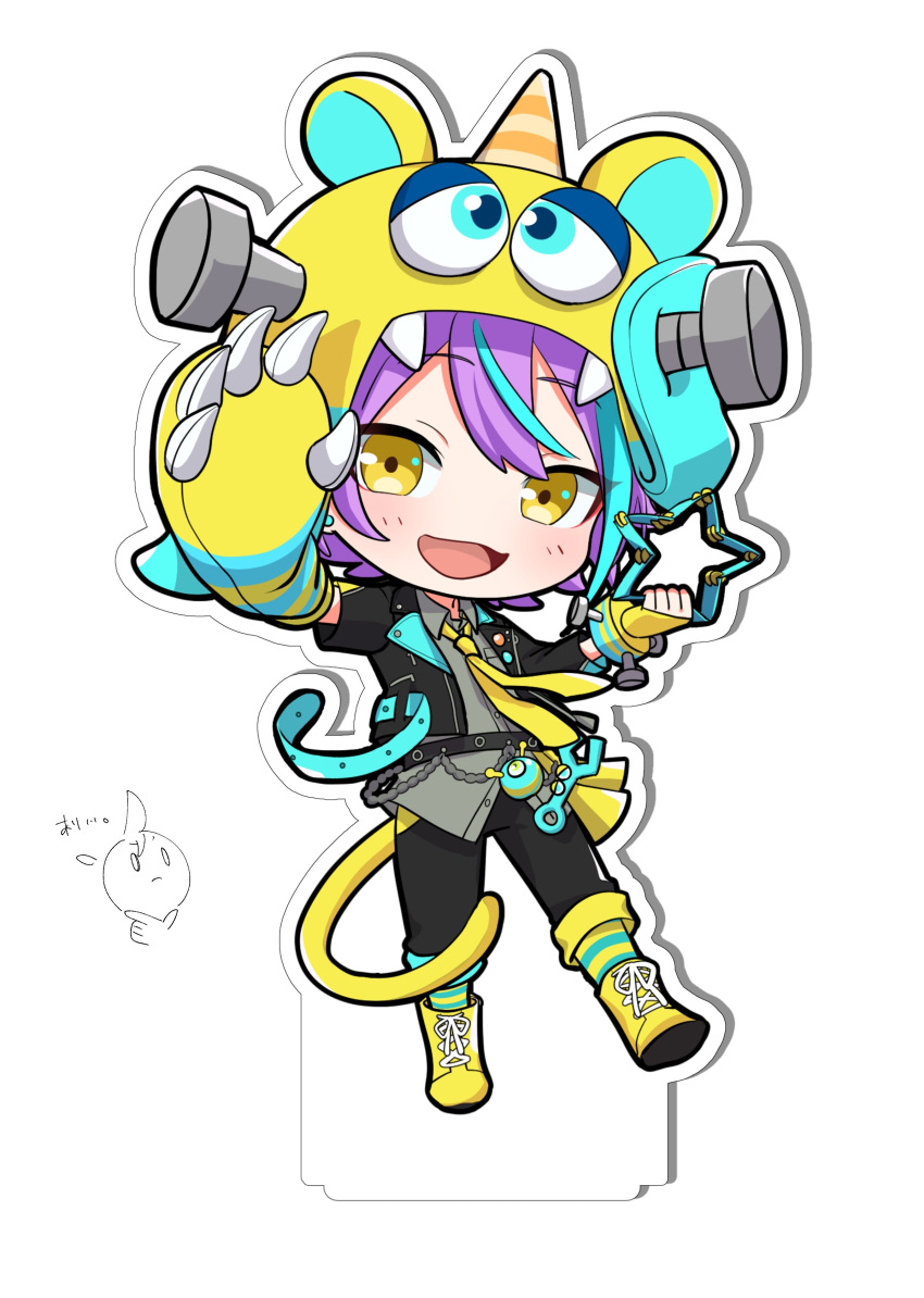 1boy, absurdres, acrylic_stand, animal_hands, black_jacket, black_pants, blue_hair, boots