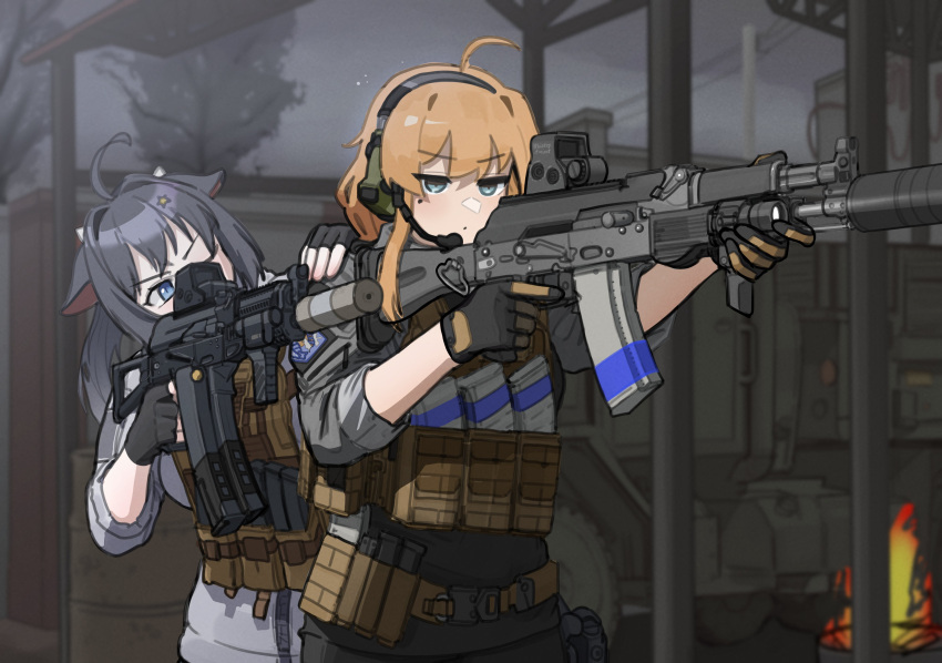 2girls, absurdres, ahoge, aiming, animal_ears, assault_rifle, black_hair, blonde_hair