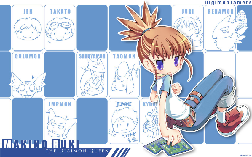 belt, blush, card, culumon, digimon, digimon_tamers, highres, holding