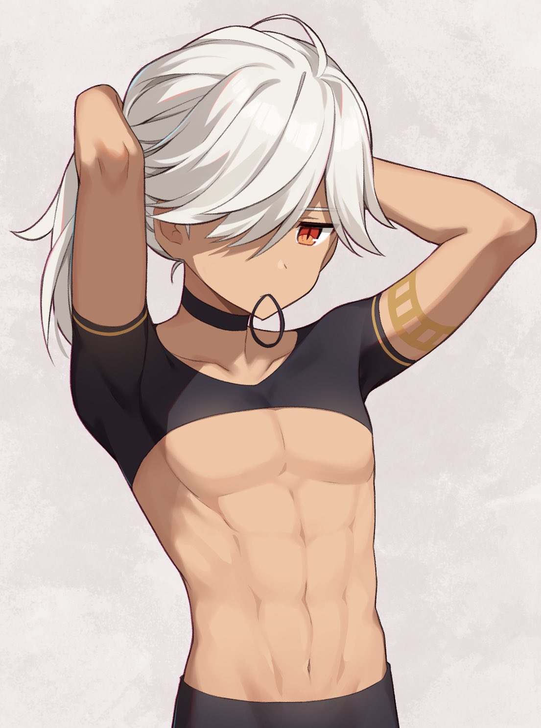 1boy, alternate_hairstyle, arm_tattoo, black_pants, black_shirt, crop_top, cyno_(genshin_impact), dark-skinned_male, dark_skin, genshin_impact, hair_between_eyes, hair_over_one_eye, highres, iroiro_0w0, long_hair, male_focus, muscular, muscular_male, navel, pants, red_eyes, shirt, solo, stomach, tattoo, white_hair