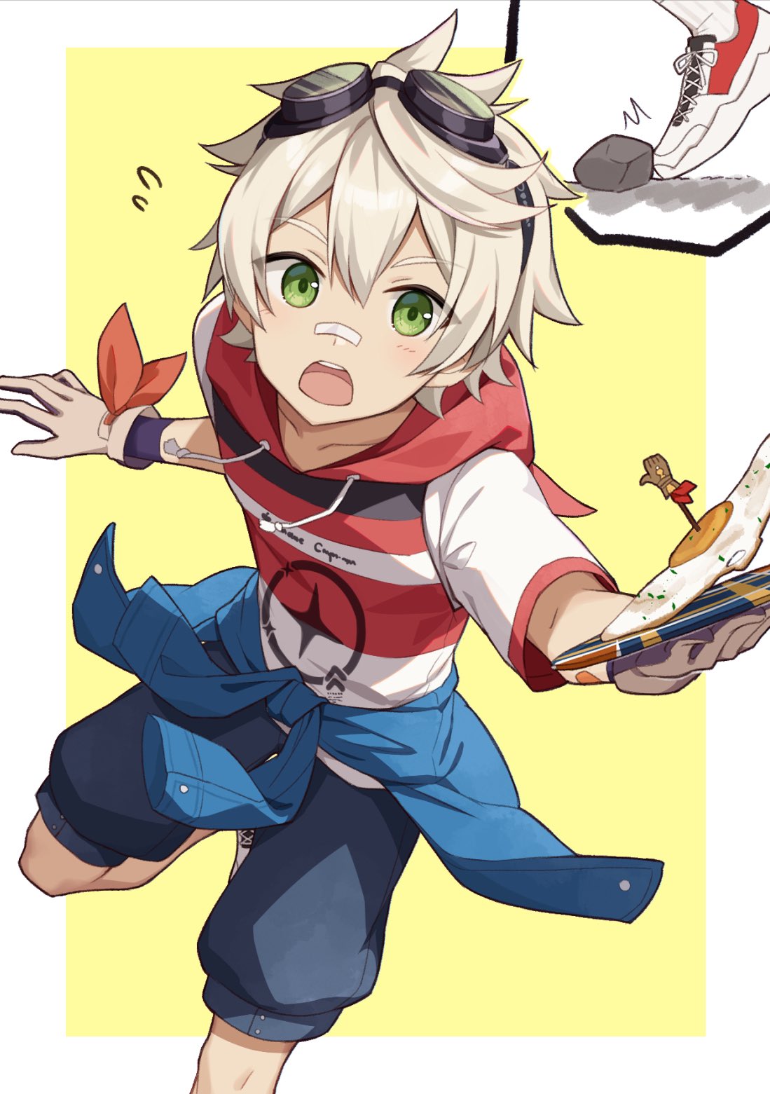 1boy, alternate_costume, bandaid, bandaid_on_face, bandaid_on_nose, bennett_(genshin_impact), bennett_(keep)_(genshin_impact), black_shorts, clothes_around_waist, fried_egg, genshin_impact, gloves, goggles, goggles_on_head, green_eyes, hair_between_eyes, highres, holding, holding_plate, hood, hoodie, iroiro_0w0, long_hair, male_focus, multiple_boys, open_mouth, plate, red_hoodie, rock, short_hair, shorts, simple_background, solo, white_background, yellow_background