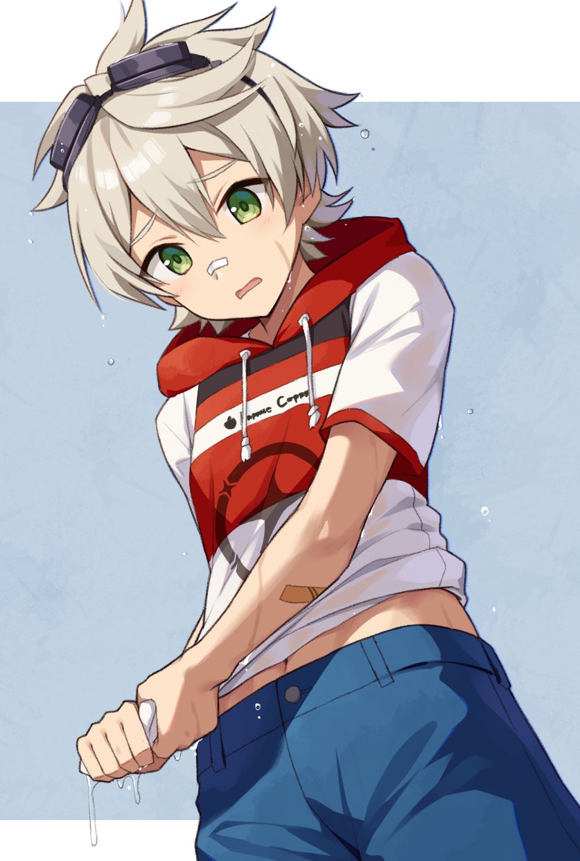 1boy, alternate_costume, bandaid, bandaid_on_face, bandaid_on_nose, bennett_(genshin_impact), bennett_(keep)_(genshin_impact), blonde_hair, blue_pants, eyewear_on_head, genshin_impact, goggles, goggles_on_head, green_eyes, hair_between_eyes, highres, hood, hoodie, iroiro_0w0, long_hair, male_focus, midriff, open_mouth, pants, red_hoodie, short_hair, solo, stomach, wet