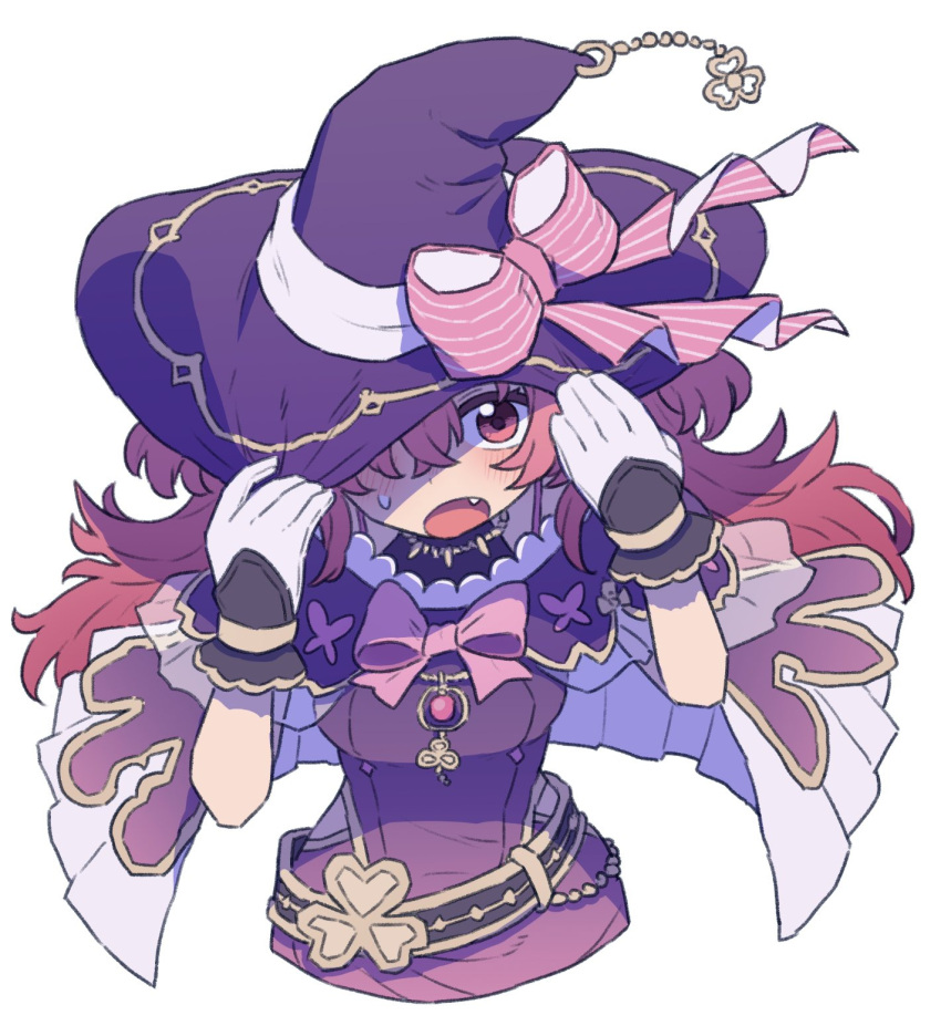 1girl, adjusting_clothes, adjusting_headwear, belt, black_belt, blush, bow, bowtie, cast_spell_on_you_(project_sekai), chain, coat, dress, fang, gloves, hat, hat_bow, highres, long_hair, looking_at_viewer, momoi_airi, nekoko_pjsk, open_mouth, pink_bow, pink_bowtie, pink_eyes, pink_hair, project_sekai, purple_coat, purple_dress, solo, sweat, two_side_up, upper_body, very_long_hair, white_gloves