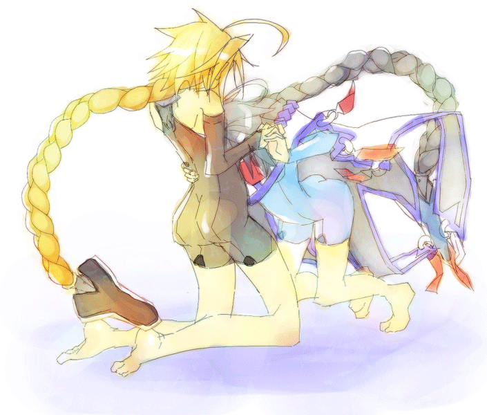 ahoge, barefoot, blazblue, blonde_hair, braid, feet, hair_weapon, hug