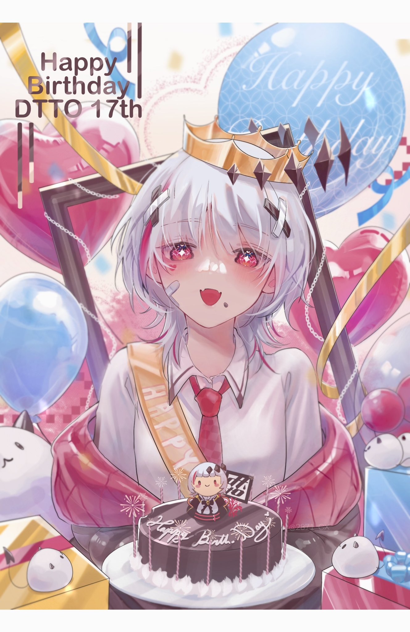 2871, balloon, bandaid, birthday_cake, box, cake, crosshair, crosshair_pupils, crown, dtto., food, gift, gift_box, happy_birthday, highres, jacket, multicolored_hair, necktie, pale_skin, red_eyes, red_necktie, redhead, scarz, shirt, smile, utaite, virtual_youtuber, white_hair, white_shirt