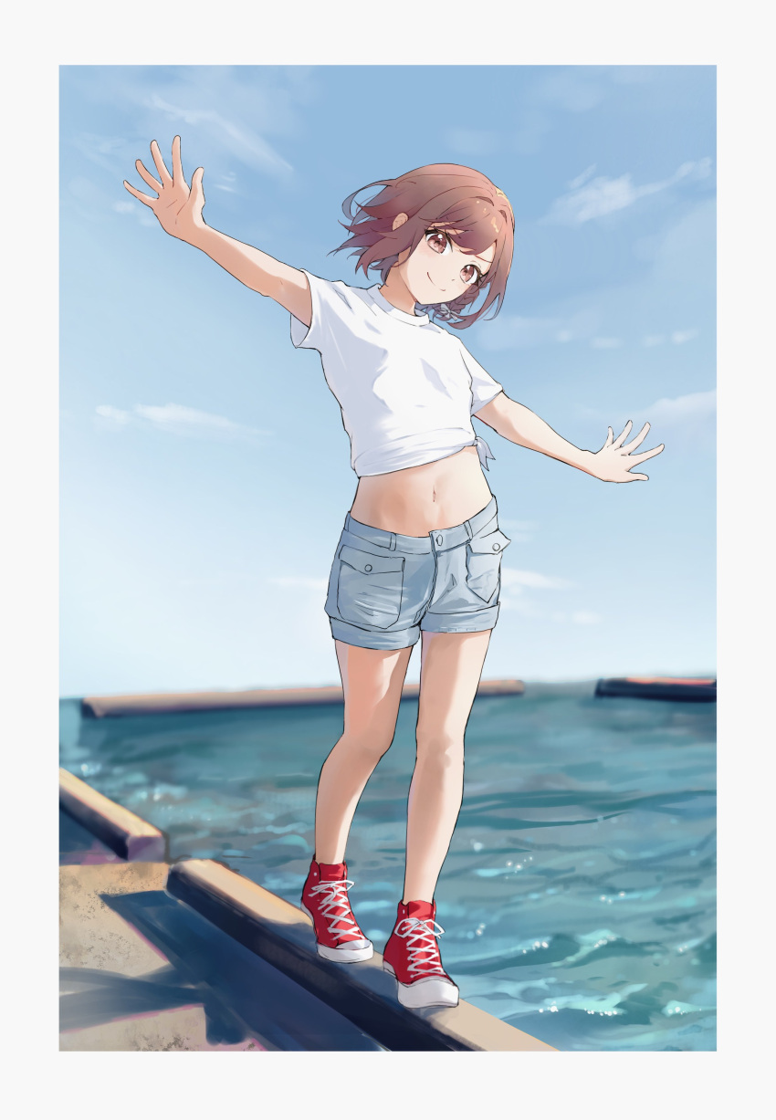 1girl, absurdres, balancing, blue_sky, border, brown_eyes, brown_hair, commentary
