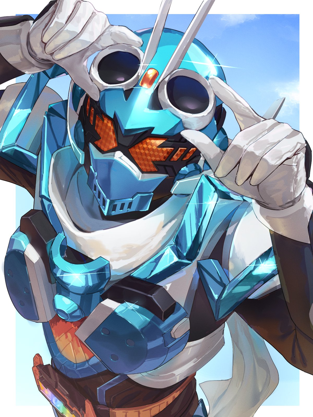 1boy, adjusting_eyewear, arm_up, blue_armor, body_armor, commentary, compound_eyes, driver_(kamen_rider)