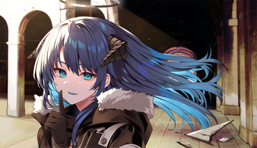 1girl, arch, arknights, black_gloves, black_jacket, black_wings, blue_eyes, blue_hair