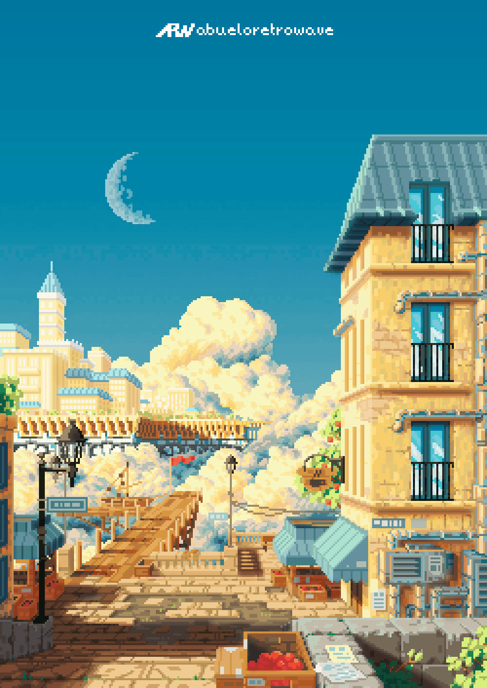 abueloretrowave, animated, animated_gif, aqua_sky, boat, box, city, clouds