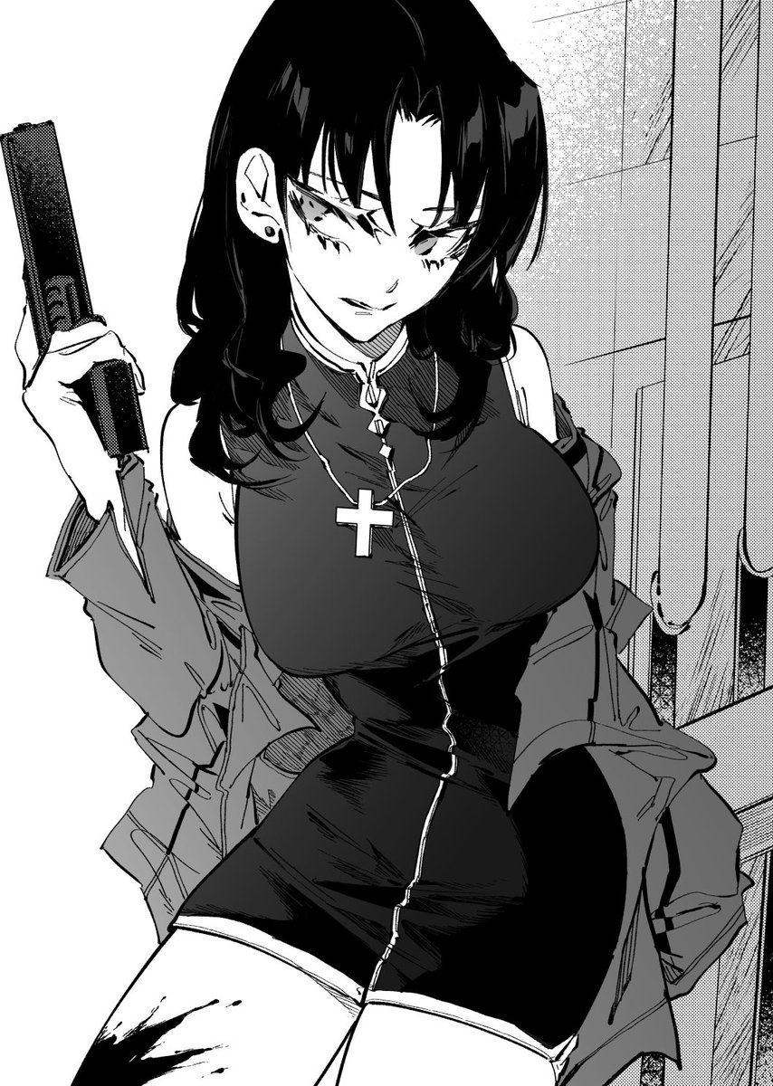 1girl, accessories, bad_id, bad_twitter_id, black_hair, blood, breasts, dress, earrings, eyelashes, greyscale, gun, highres, holding, holding_gun, holding_weapon, jacket, jewelry, katsuragi_misato, long_hair, looking_to_the_side, monochrome, neon_genesis_evangelion, open_clothes, open_jacket, shirt, simple_background, weapon, white_background, wl6yugi8go1