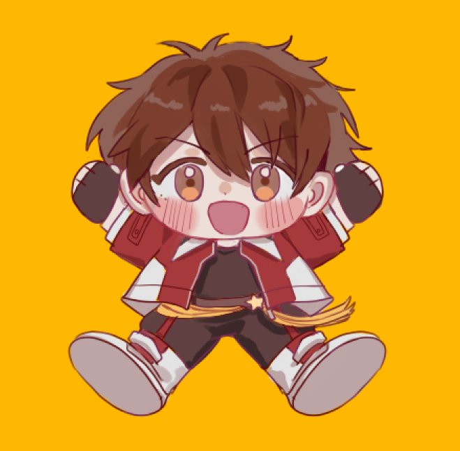 1boy, black_gloves, blush, brown_eyes, chinese_commentary, commentary_request, dot_nose, ensemble_stars!, fingerless_gloves, gloves, jacket, jing_qiu123, long_sleeves, looking_at_viewer, male_focus, morisawa_chiaki, open_clothes, open_jacket, open_mouth, orange_background, outstretched_arms, short_hair, simple_background, solo, star_(symbol)