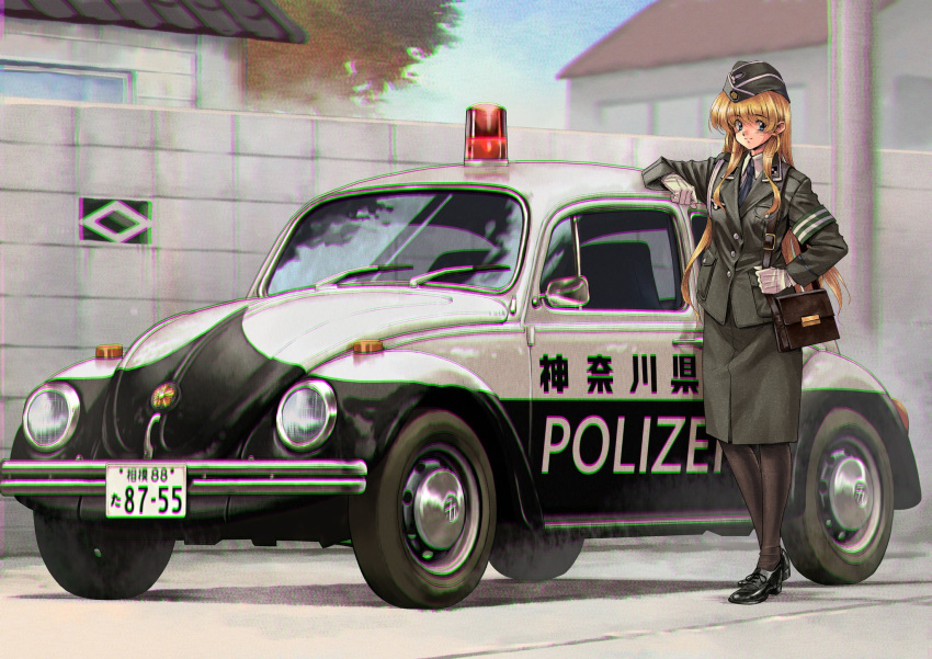 1990s_(style), 1girl, black_footwear, black_pantyhose, blonde_hair, blue_necktie, car, chromatic_aberration