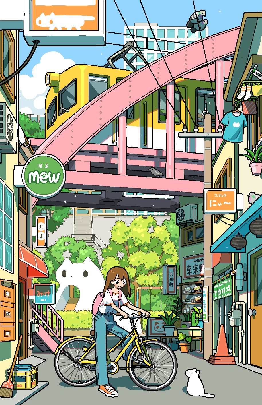 1girl, air_conditioner, animal, awning, backpack, bag, bicycle, bird