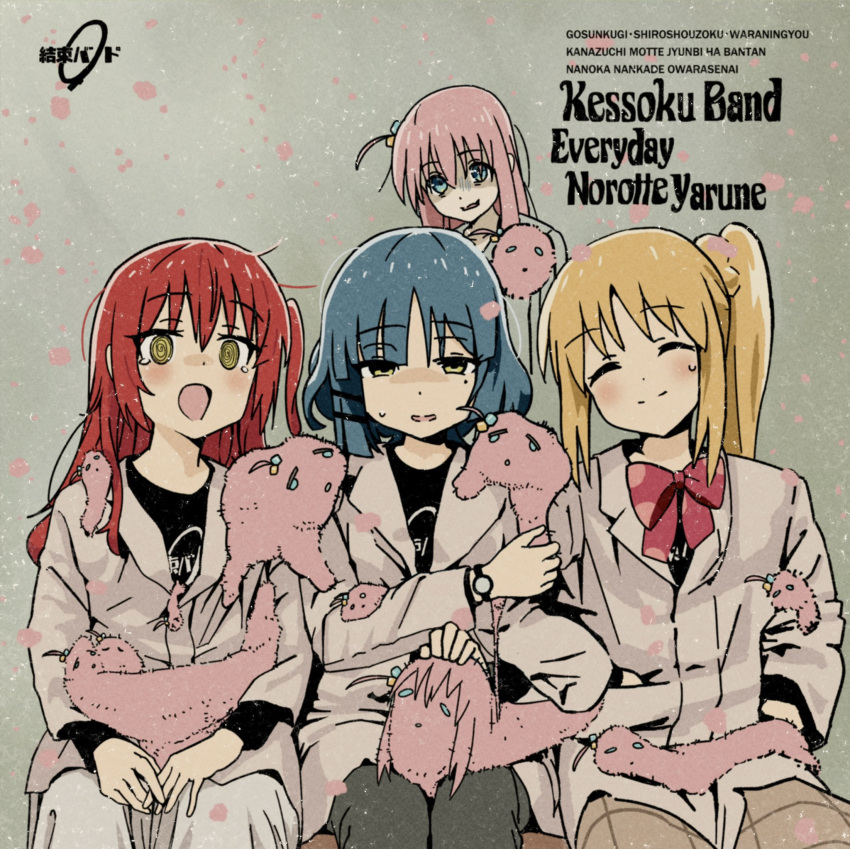 4girls, @_@, animal_on_lap, animal_on_shoulder, animalization, black_shirt, blonde_hair, blue_eyes