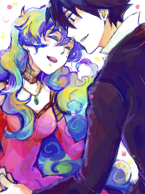 1girl, blue_hair, couple, earrings, happy, holding_hands, jewelry, multicolored_hair
