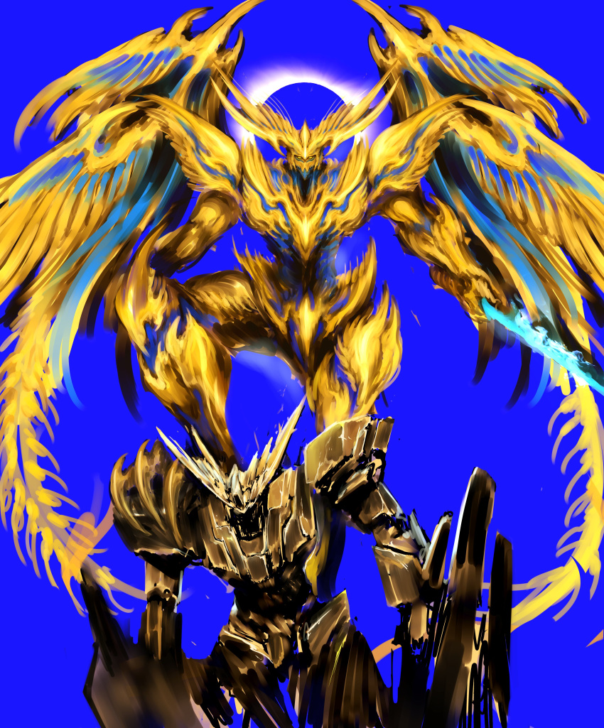 absurdres, bird, blue_background, blue_fire, destroyed, eclipse, feathered_wings, feathers