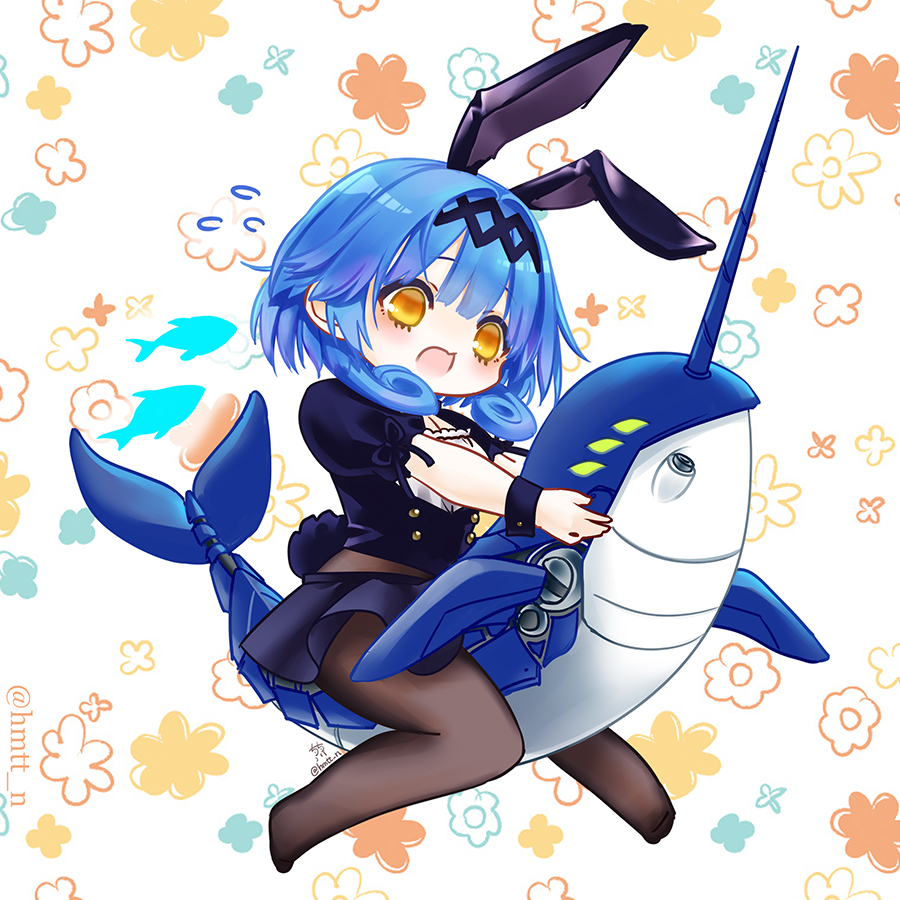 1girl, animal_ears, azur_lane, black_hairband, black_pantyhose, black_skirt, blue_hair, chibi