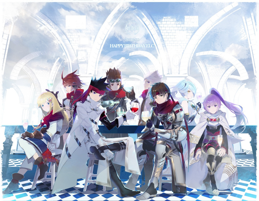 alcohol, alec_(arc_the_lad), arc_(arc_the_lad), arc_the_lad, arc_the_lad_ii, arc_the_lad_iii, black_hair, breasts, brown_eyes, brown_hair, cape, cheryl_(arc_the_lad), closed_mouth, copyright_name, elc_(arc_the_lad), full_body, gloves, goggles, halt_(arc_the_lad), happy_birthday, kukuru_(arc_the_lad), lieza_(arc_the_lad), long_hair, looking_at_viewer, medium_hair, mizuha, multiple_boys, multiple_girls, protected_link, redhead, save_scene_a, short_hair, sitting, spiky_hair, wine
