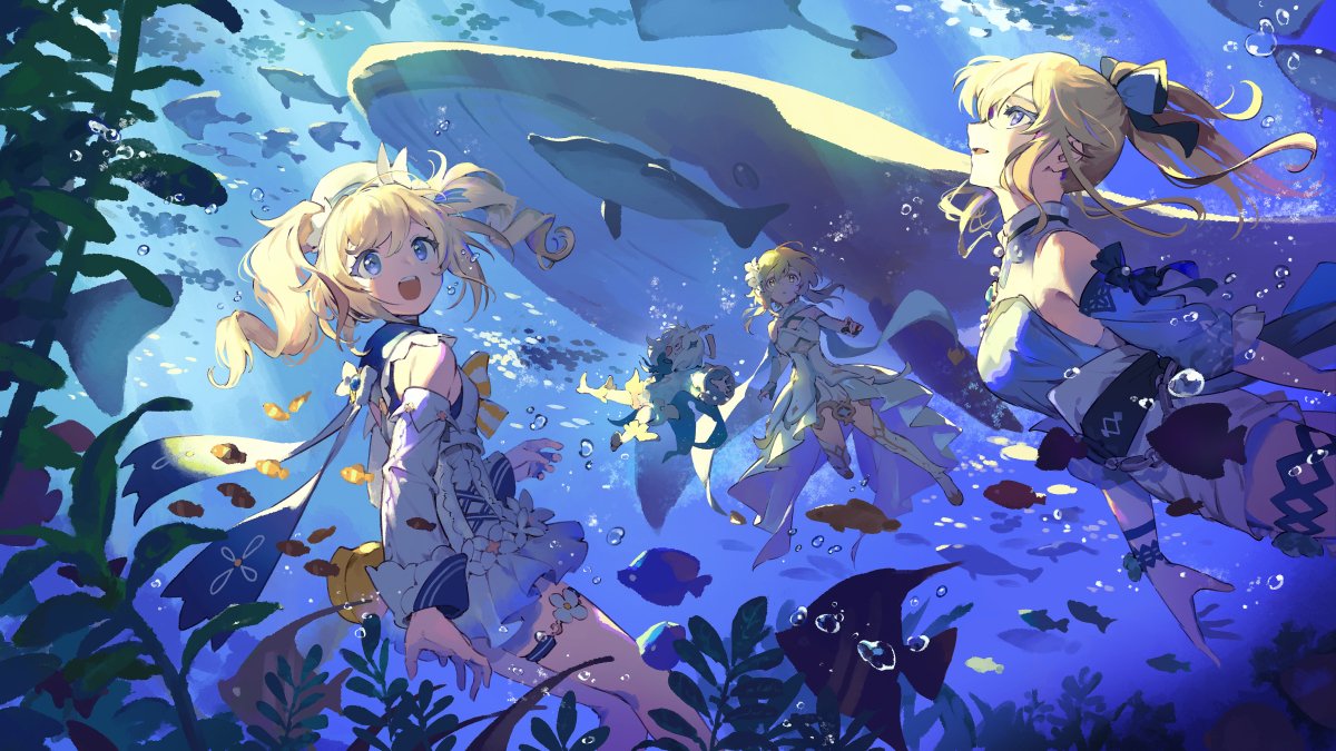 4girls, air_bubble, animal_bag, barbara_(genshin_impact), barbara_(summertime_sparkle)_(genshin_impact), bare_shoulders, bird, black_scarf