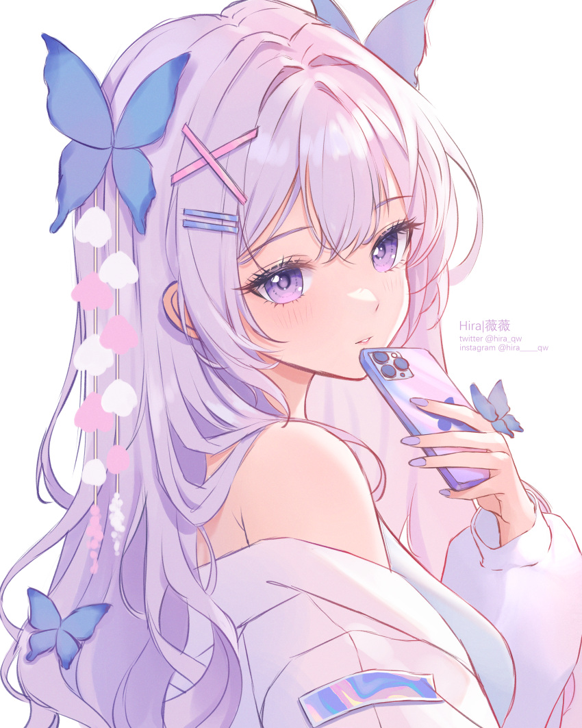 1girl, absurdres, butterfly_hair_ornament, cellphone, cross_hair_ornament, from_side, grey_hair, hair_between_eyes, hair_ornament, hairclip, highres, hira_qw, holding, holding_phone, instagram_username, long_hair, nail_polish, original, parted_lips, phone, purple_nails, smartphone, solo, twitter_username, upper_body, violet_eyes, white_background