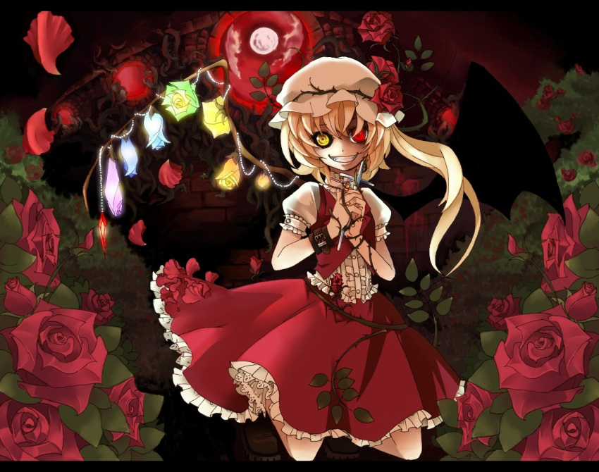 ascot, bat_wings, blonde_hair, blue_rose, bow, cross, dress, evil_grin