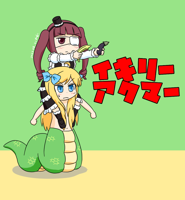2girls, ahoge, banana, blonde_hair, blue_eyes, blunt_bangs, blush, eggplant, eyebrows_visible_through_hair, eyepatch, hair_bow, hair_ornament, hairband, hanazono_yurine, hat, jashin-chan, jashin-chan_dropkick, kill_me_baby, lamia, lolita_fashion, long_hair, osuzu_(osuzu3276), parody, red_eyes, redhead, shoulder_carry, simple_background, twintails