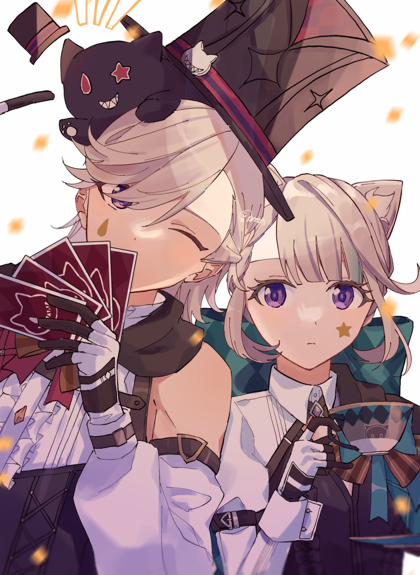 1boy, 1girl, animal_ears, bare_shoulders, black_leotard, blue_bow, bow, cat_ears, closed_mouth, cup, detached_sleeves, genshin_impact, grey_hair, hair_bow, highres, holding, holding_cup, holding_plate, juliet_sleeves, leotard, long_sleeves, looking_at_viewer, lynette_(genshin_impact), lyney_(genshin_impact), multicolored_hair, one_eye_closed, pinky_out, plate, puffy_long_sleeves, puffy_sleeves, shirt, sidelocks, streaked_hair, teacup, violet_eyes, white_shirt, zu_tonatuyasumi