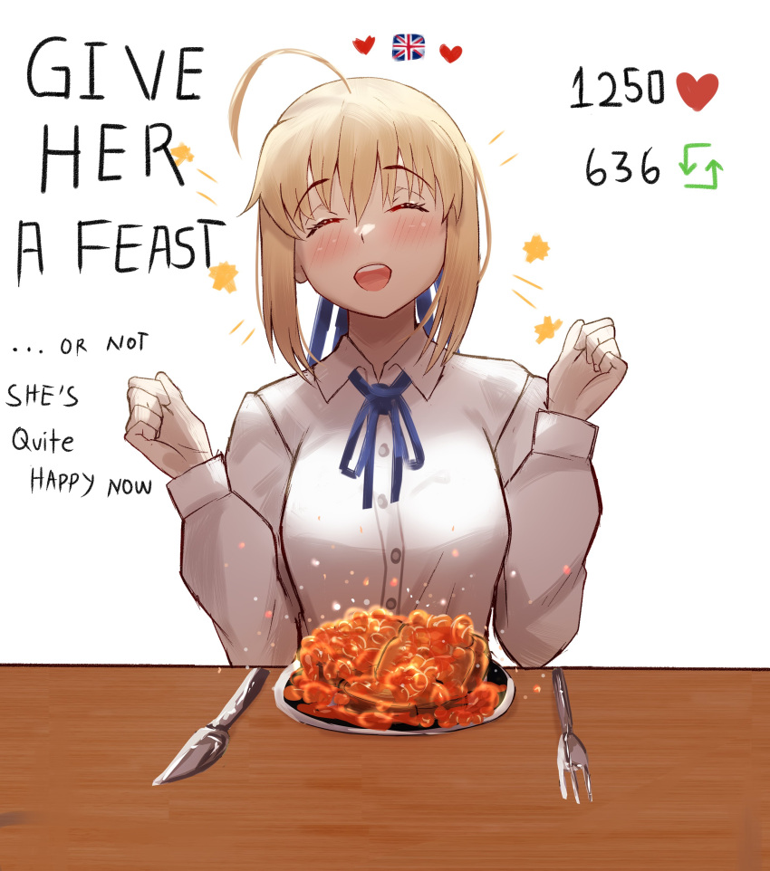 1girl, absurdres, ahoge, artoria_pendragon_(fate), beans, blonde_hair, blue_ribbon, bow