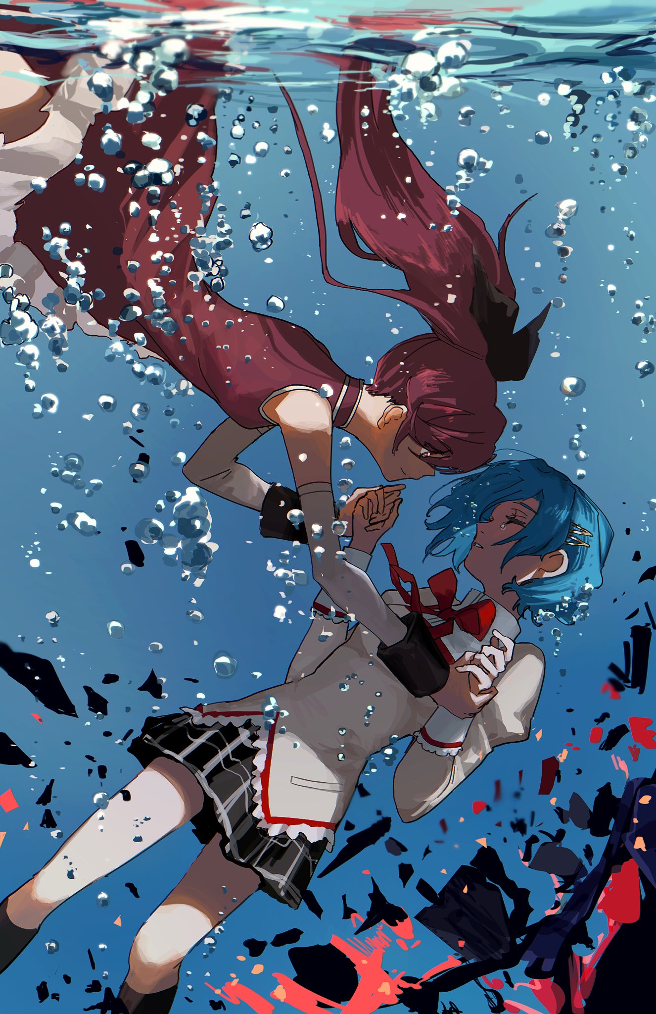 2girls, air_bubble, black_bow, black_skirt, black_socks, blue_hair, bow, bowtie