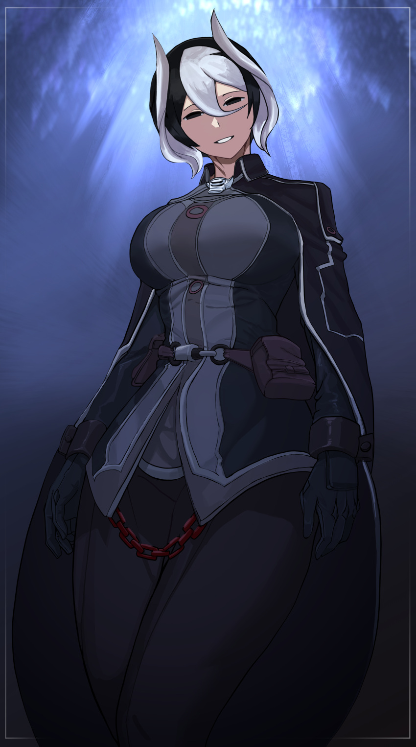 1girl, absurdres, black_cape, black_eyes, black_gloves, black_hair, black_pants, black_shirt, breasts, cape, chain, collared_cloak, cowboy_shot, expressionless, gloves, hair_between_eyes, highres, jitome, large_breasts, long_sleeves, made_in_abyss, multicolored_hair, ozen, pants, parted_lips, pouch, shirt, solo, soolee040995, two-tone_hair, whistle, whistle_around_neck, white_hair