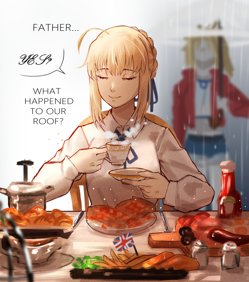 2girls, absurdres, ahoge, artoria_pendragon_(fate), blonde_hair, blurry, blurry_background, blush