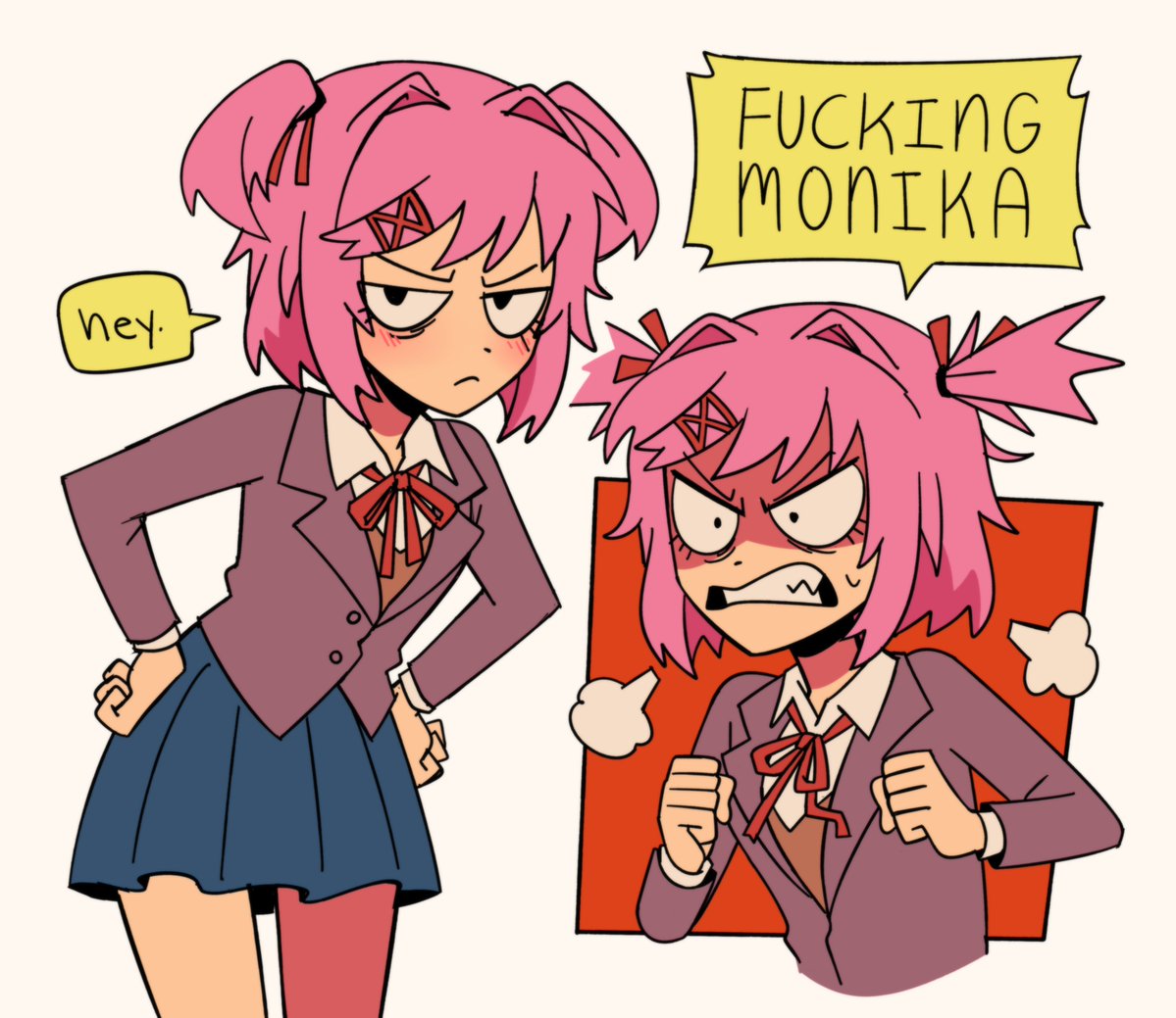 1girl, clenched_hands, clenched_teeth, doki_doki_literature_club, frown, hair_intakes, hair_raising, hand_on_own_hip, looking_at_viewer, marreeps, natsuki_(doki_doki_literature_club), pink_hair, pleated_skirt, school_uniform, shaded_face, sharp_teeth, short_twintails, skirt, solo, speech_bubble, steam, teeth, twintails, white_background