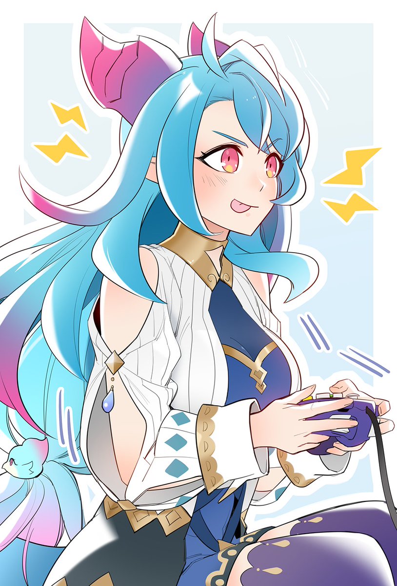 1girl, ;p, aqua_hair, clothing_cutout, controller, dragalia_lost, dragon_girl, dragon_horns