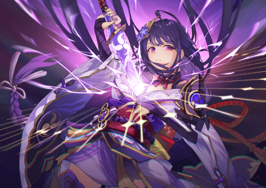 1girl, armor, bridal_gauntlets, chromatic_aberration, electricity, flower, genshin_impact, hair_flower