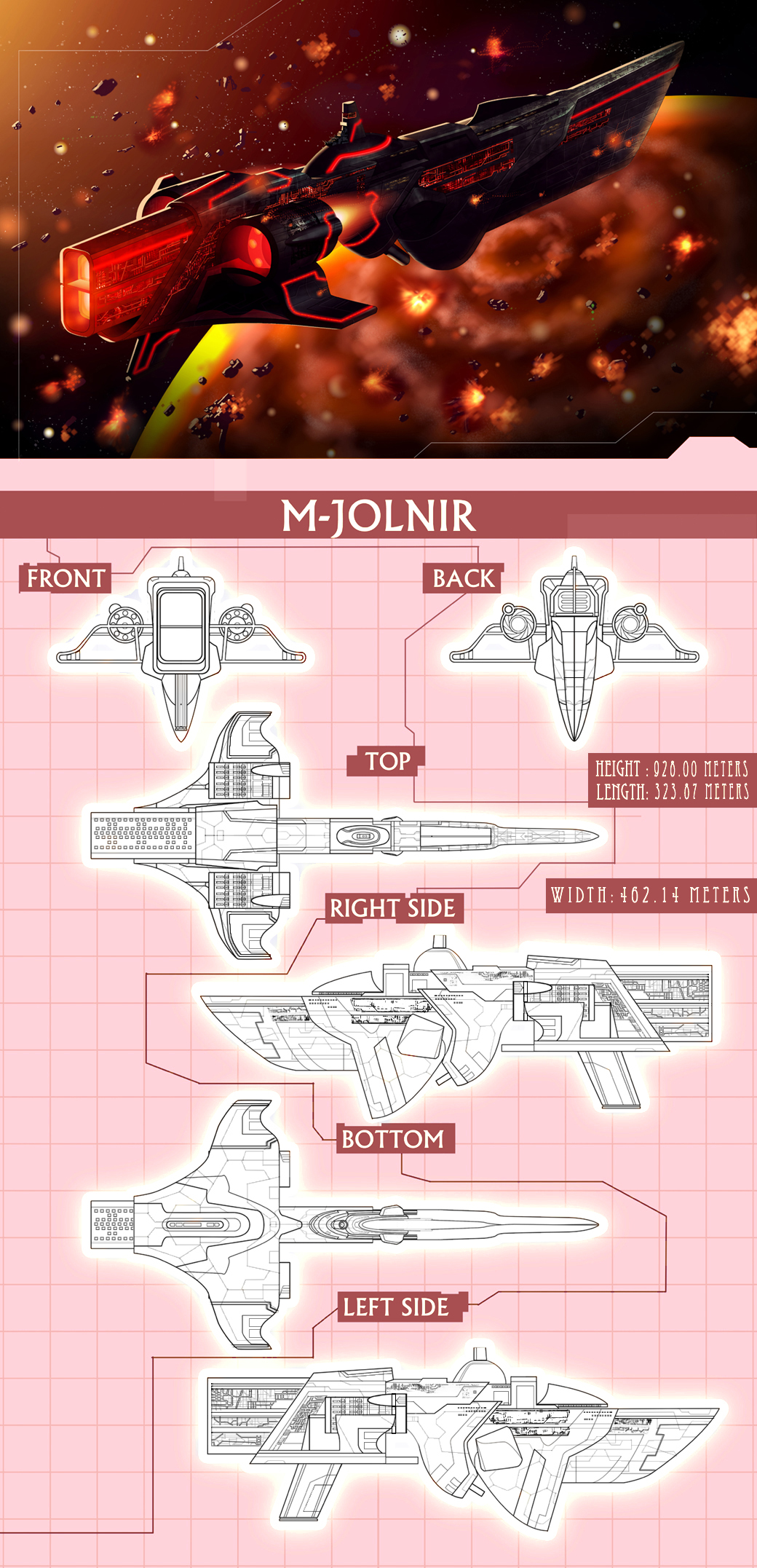 asteroid, battleship_(eve_online), blueprint_(medium), commentary, concept_art, dylanliwanag, eve_online, explosion, fire, glowing, highres, military_vehicle, no_humans, original, outdoors, planet, reference_sheet, science_fiction, sky, space, spacecraft, star_(sky), starry_sky, thrusters, vehicle_focus