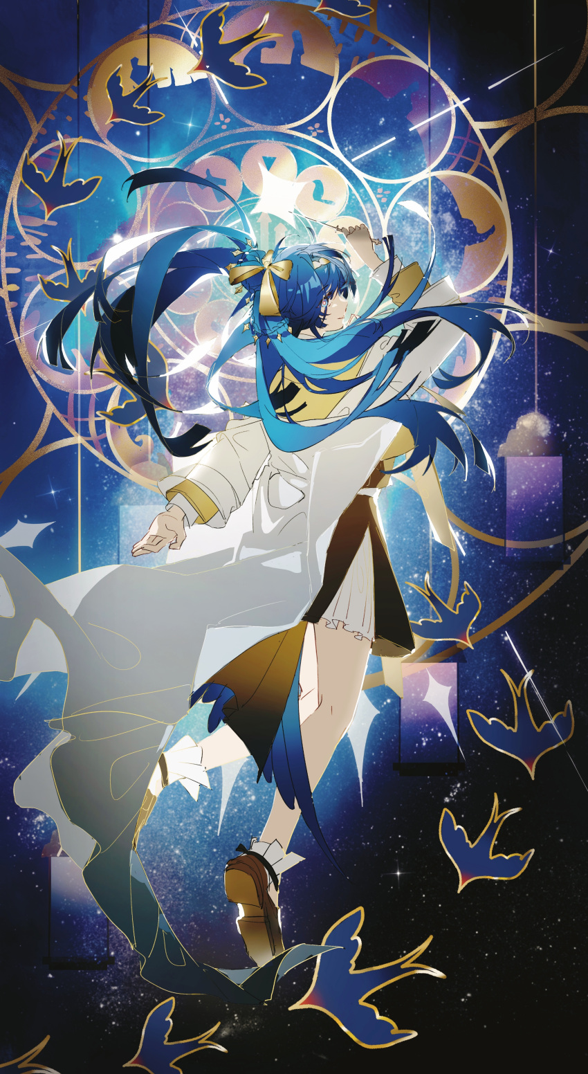 1girl, absurdres, arknights, arm_up, astgenne_(arknights), black_dress, blue_eyes, blue_hair