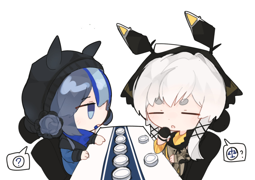 2girls, :o, ?, animal_ears, animal_hat, arknights, bandana, beanie