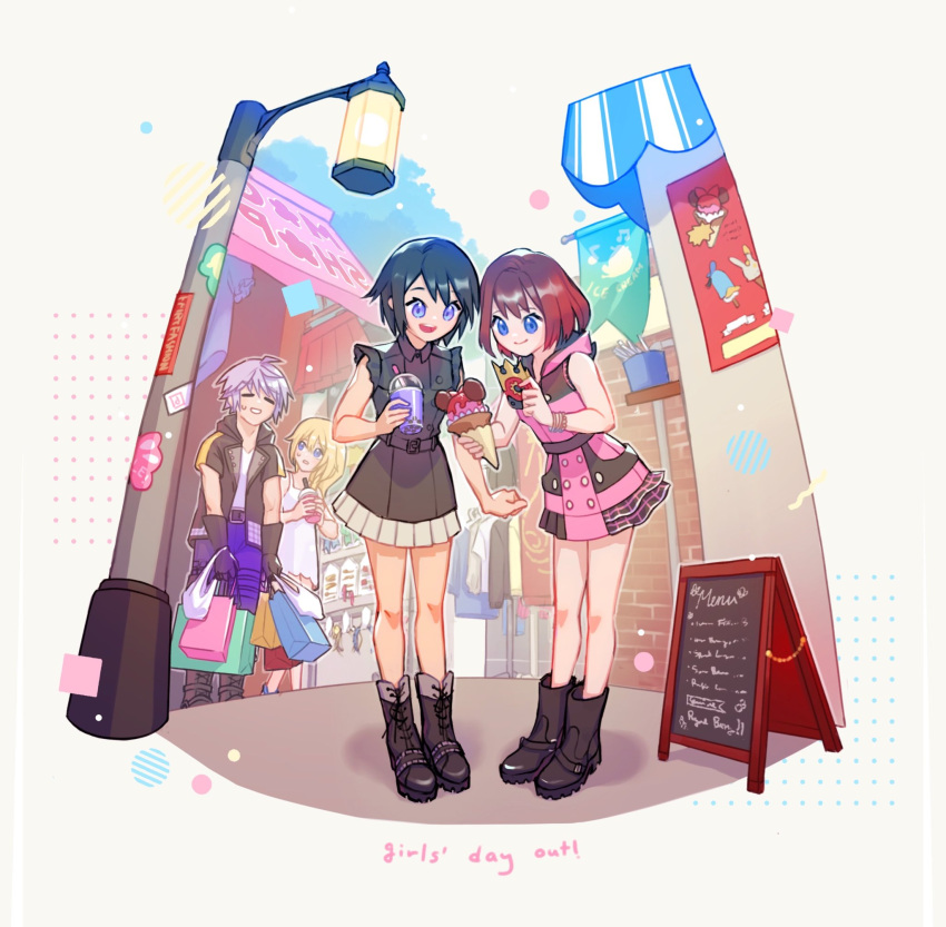 1boy, 3girls, ahoge, awning, bag, bare_shoulders, belt_buckle, black_footwear