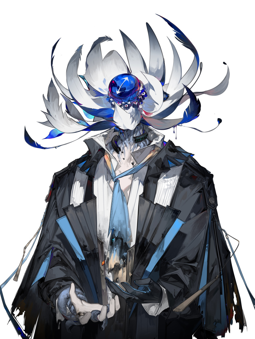 1boy, absurdres, arknights, black_coat, blue_necktie, body_horror, coat, collared_shirt
