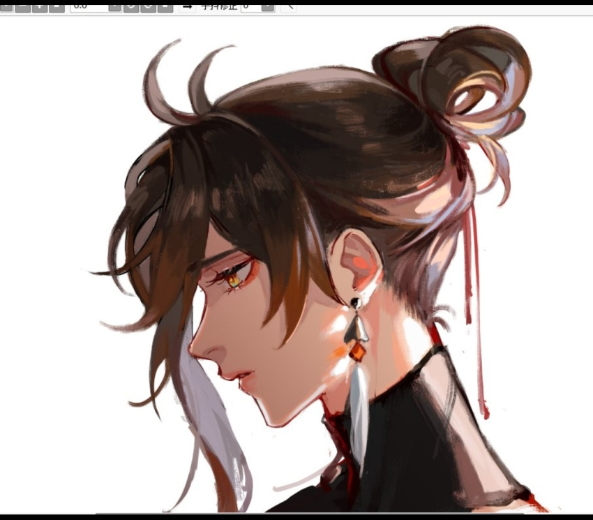 1boy, alternate_hairstyle, amber_eyes, antenna_hair, brown_hair, donaldakron, eyeliner, genshin_impact