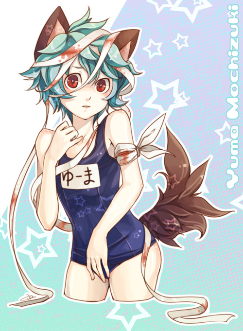 1boy, animal_ears, bandages, bandaid, bandaid_on_arm, blood, blood_on_bandages, blue_hair
