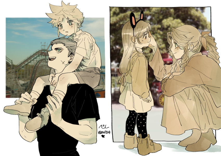 2boys, 2girls, absurdres, aerith_gainsborough, aged_down, black_shirt, blue_eyes, blurry, blurry_background, braid, braided_ponytail, carrying, closed_mouth, cloud_strife, commentary_request, cross_scar, disneyland, final_fantasy, final_fantasy_vii, from_side, green_eyes, hair_pulled_back, hair_ribbon, hand_on_another's_face, highres, light_blush, long_hair, long_sleeves, looking_at_another, low-tied_long_hair, mickey_mouse_ears, multiple_boys, multiple_girls, nul, open_mouth, outside_border, pantyhose, parted_bangs, photo_background, pink_ribbon, profile, red_eyes, ribbon, roller_coaster, scar, scar_on_cheek, scar_on_face, shirt, short_hair, short_sleeves, shorts, shoulder_carry, sidelocks, skirt, smile, socks, spiky_hair, squatting, standing, swept_bangs, teeth, tifa_lockhart, twitter_username, upper_teeth_only, zack_fair