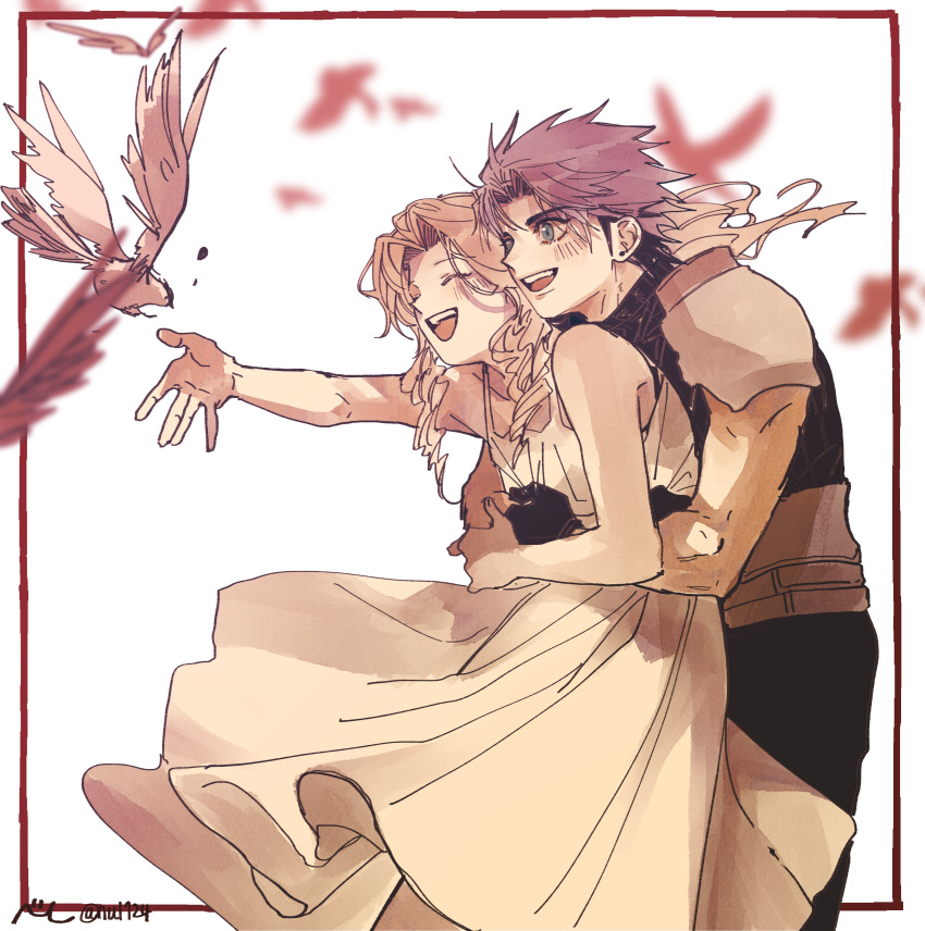 1boy, 1girl, absurdres, aerith_gainsborough, armor, bare_arms, bare_shoulders, bird, black_gloves, blue_eyes, blurry, blurry_background, blurry_foreground, blush, commentary_request, couple, cowboy_shot, crisis_core_final_fantasy_vii, dress, final_fantasy, final_fantasy_vii, gloves, happy, highres, hug, hug_from_behind, long_hair, looking_to_the_side, nul, open_mouth, outside_border, outstretched_hand, parted_bangs, shoulder_armor, sidelocks, sleeveless, sleeveless_dress, smile, spiky_hair, sweater, teeth, turtleneck, turtleneck_sweater, twitter_username, upper_teeth_only, white_background, zack_fair