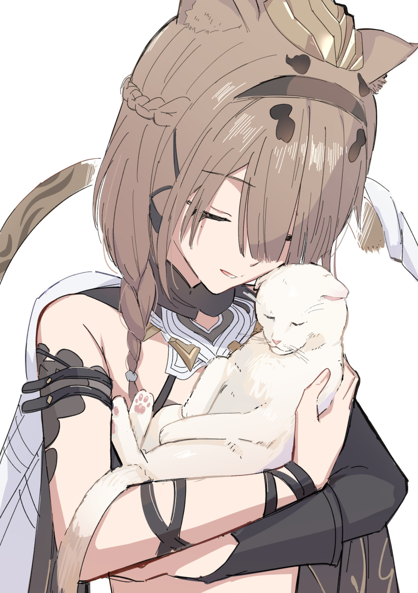1girl, absurdres, animal, animal_ears, asymmetrical_clothes, braid, cat, cat_ears