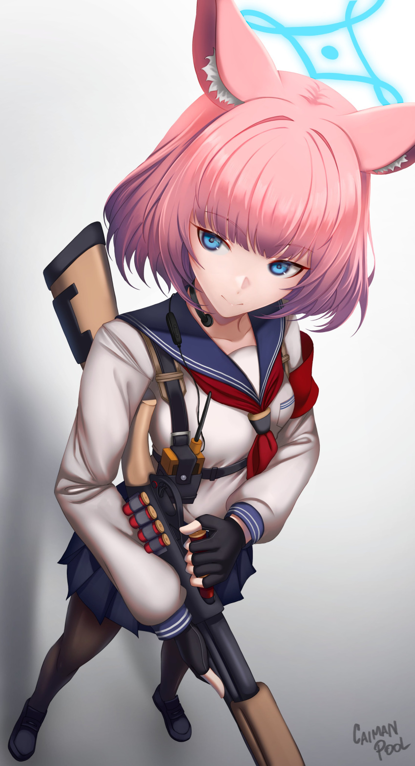 1girl, absurdres, animal_ear_fluff, animal_ears, armband, benelli_m3, blue_archive, blue_eyes