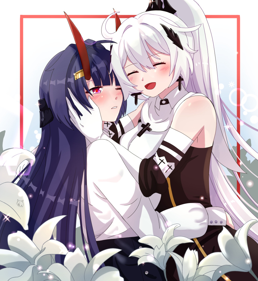 2girls, absurdres, ahoge, alternate_costume, alternate_hairstyle, bare_shoulders, black_headwear, black_skirt