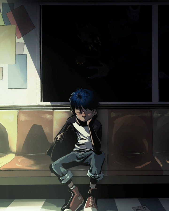 1boy, blue_hair, child, commentary, dark, denim, english_commentary, facing_viewer