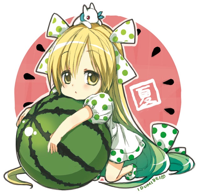 1girl, blonde_hair, bow, dress, food, fruit, hair_bow, hair_ornament